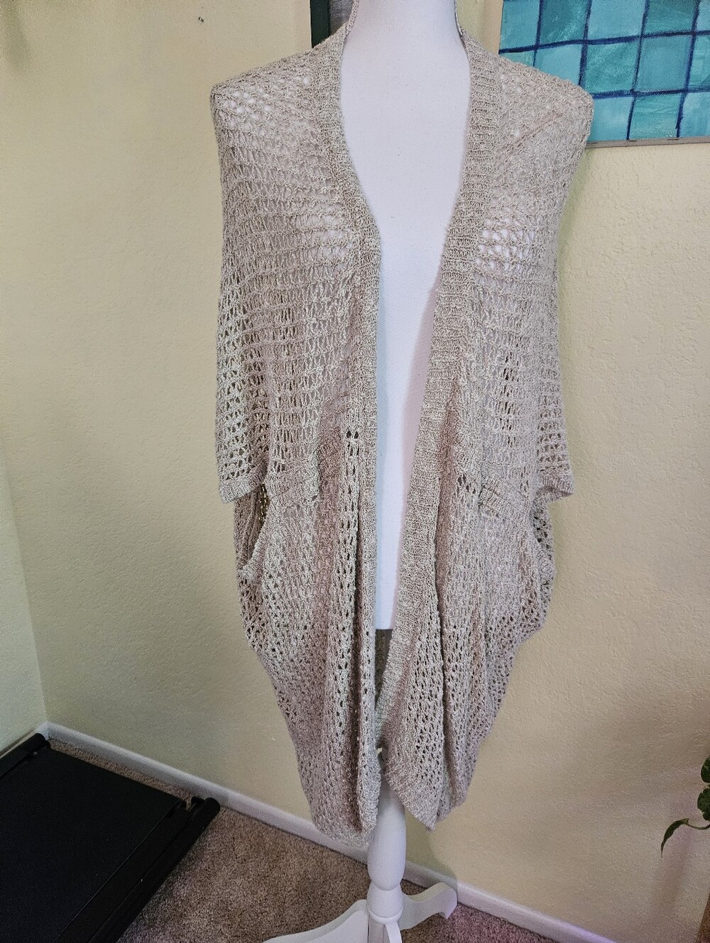 Eileen Fisher Light Beige relaxed Open-Knit Women's Shawl Sweater Sz XL